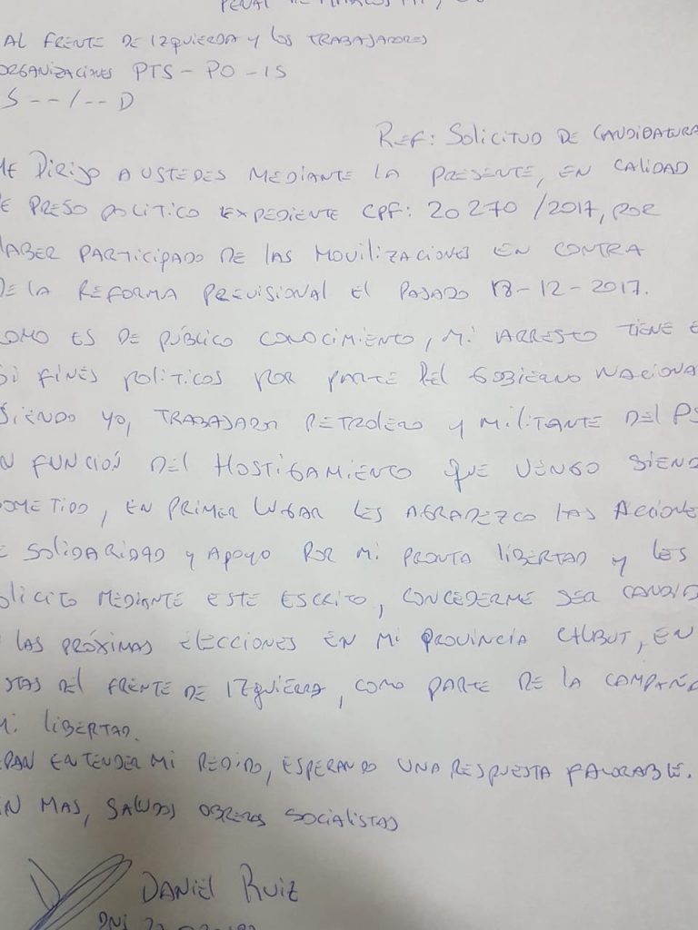 Al Partido Obrero por las candidaturas en Chubut